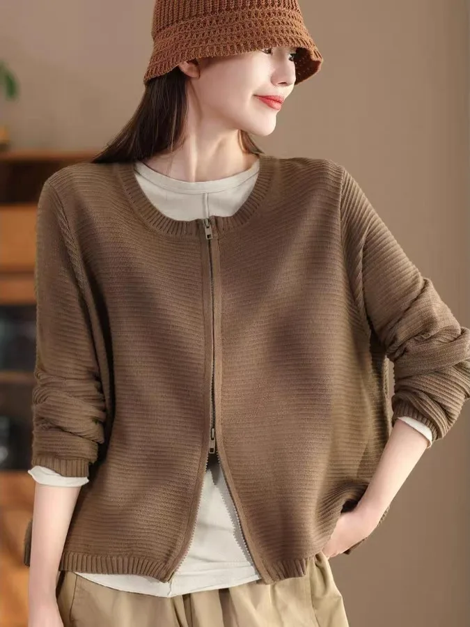 سترة نسائية مفتوحة من القطن المحبوك غير رسمية سترة طويلة Sve سترة Jaet برأس مزدوج وسحاب فضفاض مناسب للخريف والشتاء Sle