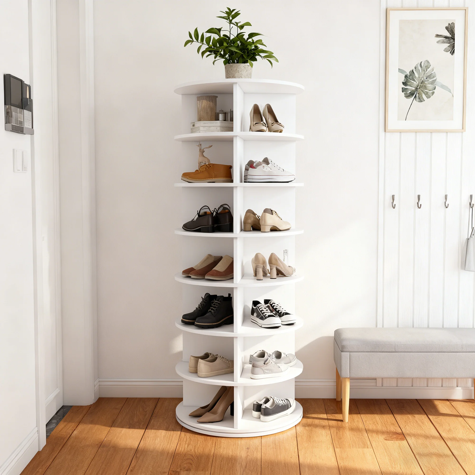 7-Tier Rotating Shoe Rack Tower, 360° Drehschuhregal für 28 Pairs – Space Saving, White (60x60x161cm)