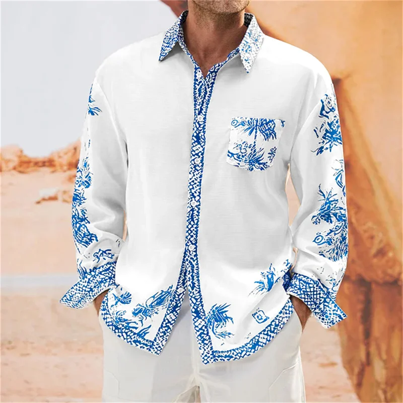 Men's shirt splicing pattern solid color pink blue comfortable and soft new pattern casual outdoor beach men's top pocket shirt