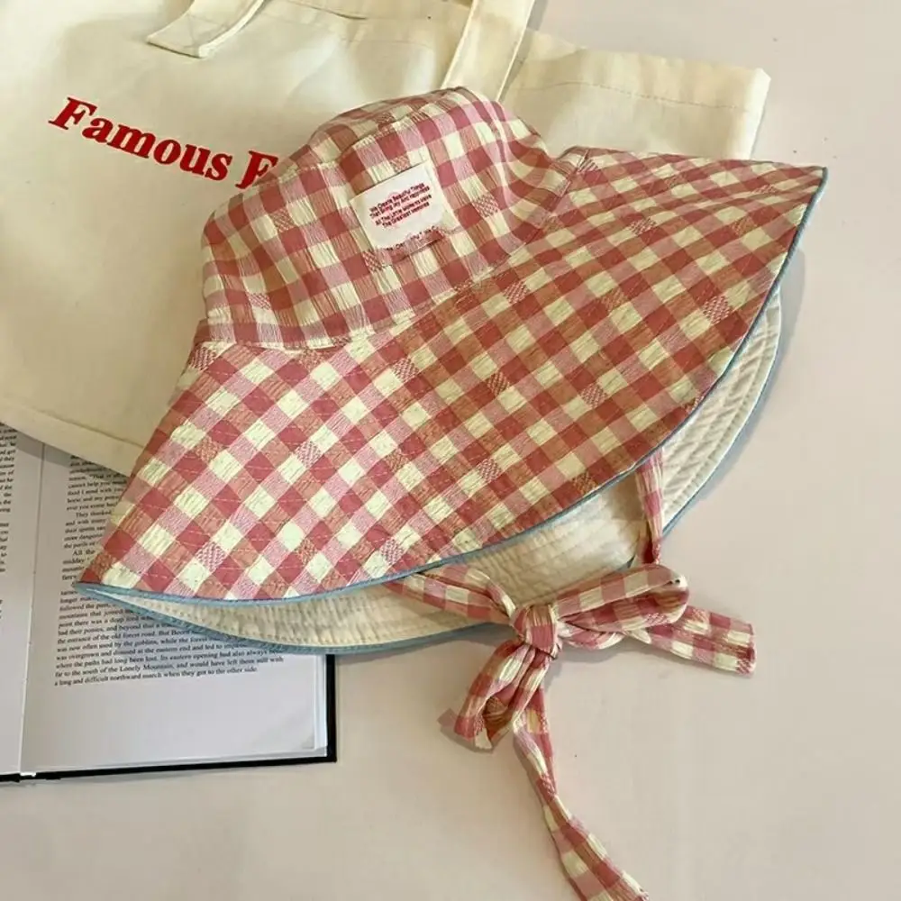 Ins Summer Plaid Bucket Cap Two-sided Tie Strap Sunscreen Hat Wide Brim Sweet Fisherman Caps Outdoor