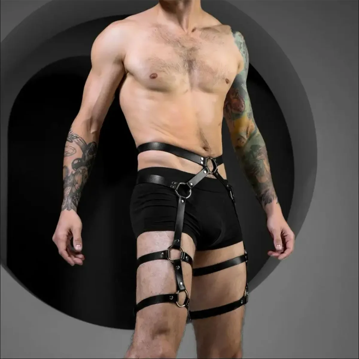 Sexy Men\'s Body Leg Harness Belts Pu Leather Adjustable Punk Style Belt Male Bondage Gay Party Fetish Costume Exotic Accessorie