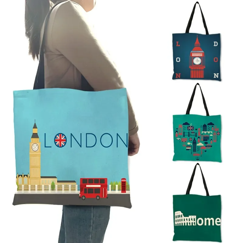 

High Quality Linen Shoulder Bag London Big Ben Tower Rome Print Tote Bag Fashion Ladies Women Casual Beach Shopping Bag Handbags