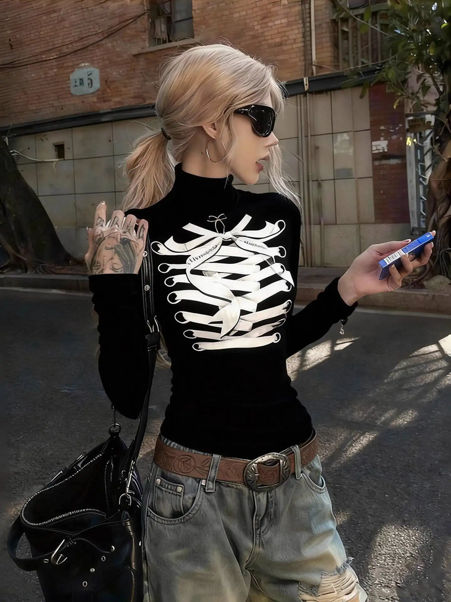 

Punk Long Sleeve T-shirt Women Base Layer 2026 Spring Street Style Bow Print Mock Neck T Shirt Women's Slim Fitted Y2K T-shirt