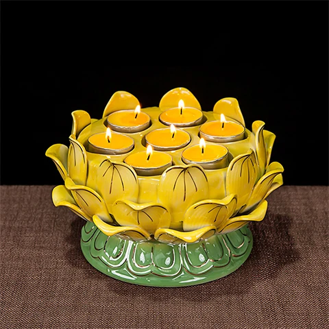 Seven Star lotus flower candleholder ceramic lamp golden yellow pink white candle Buddhist holder Candlestick candler buddha