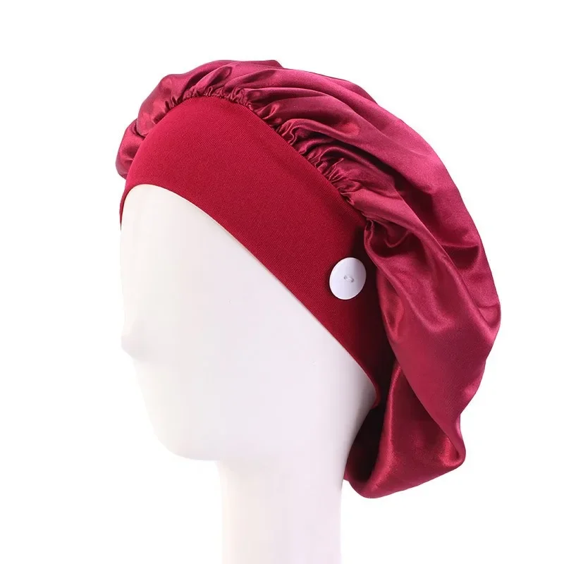 Women Satin Sleep Night Cap With Button Head Cover Bonnet Wash Hat African Hair Care Turban Headcover Beanie Bandana