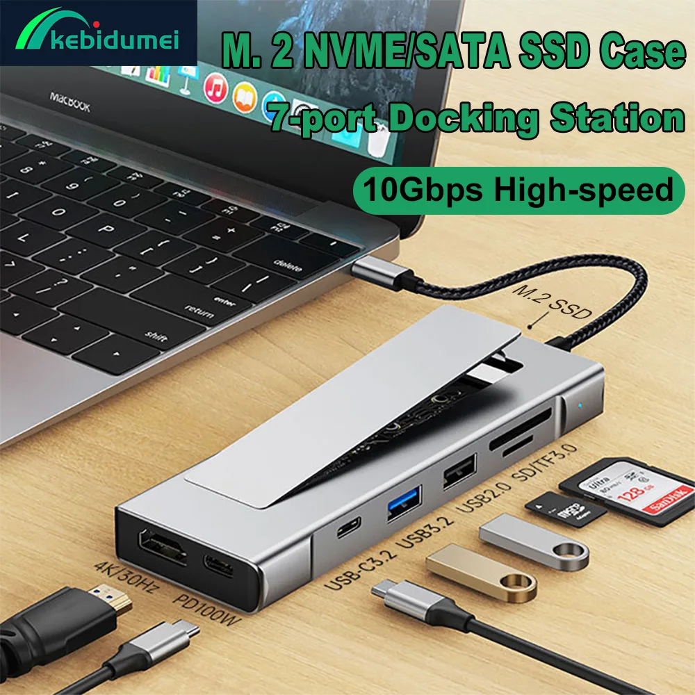 

M.2 NVME SATA SSD Enclosure 8-in-1 USB C Hub USB Type-c to 4K/30Hz HDMI-Compatible PD100W Charge SD/TF3.0 Card Reader For Laptop
