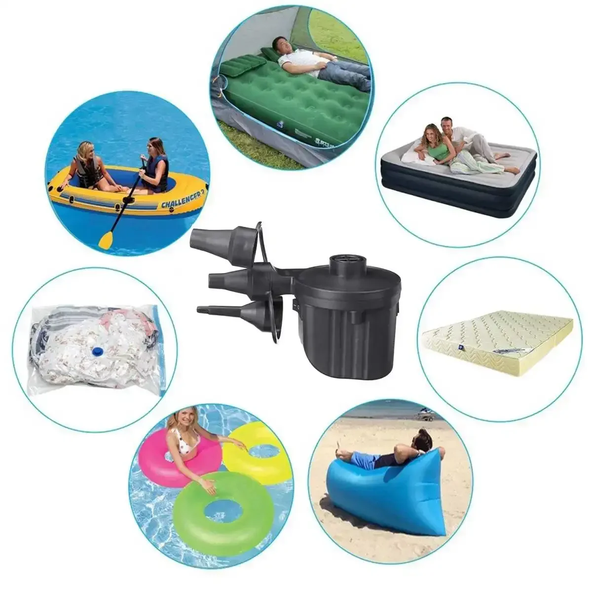 Electric Air Pump Portable Air Mattress Pump with 3 Nozzles Quick-Fill Inflator Deflator 12V for Swimming Pools Inflatable Bed
