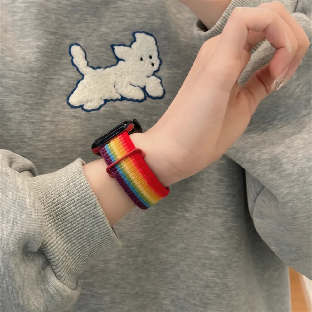 INS Pride Rainbow Nylon Sticker Band Loop For Apple Watch 45mm 41 40 44 42 38mm Lovely Soft Sports Strap For Series 9 8 7 6 5