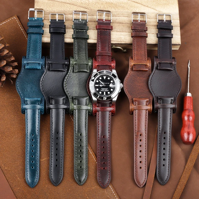 Oil Wax Leather Bund Strap 18mm 19mm 20mm 21mm 22mm Watch Band Handmade Genuine Leather Watch Bund Accessories AliExpress