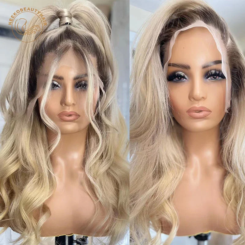 Color 4/613 Ombre Colored Lace Frontal Wigs Dark Root Blonde Wavy 13X4 Lace Front Wig 180% Density Colored Human Hair Body Wave