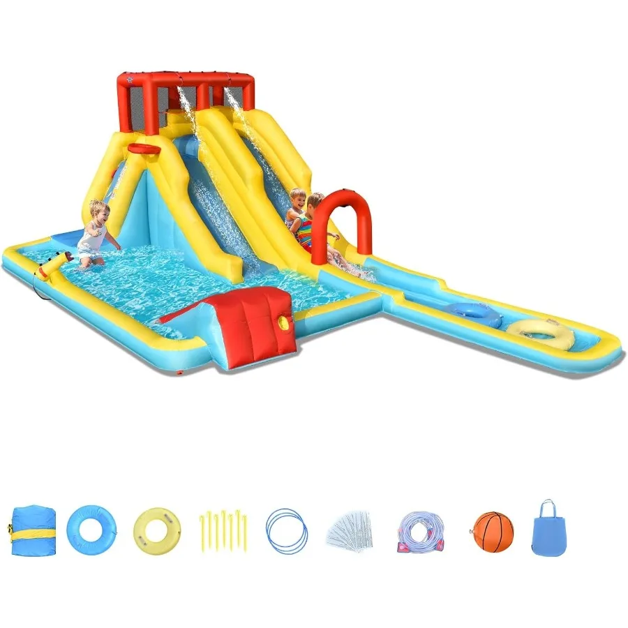 Corrediça de água inflável, casa de salto 7 em 1 com 2 slides parede de escalada respingo piscina aro de basquete pistola de água, parque aquático ao ar livre