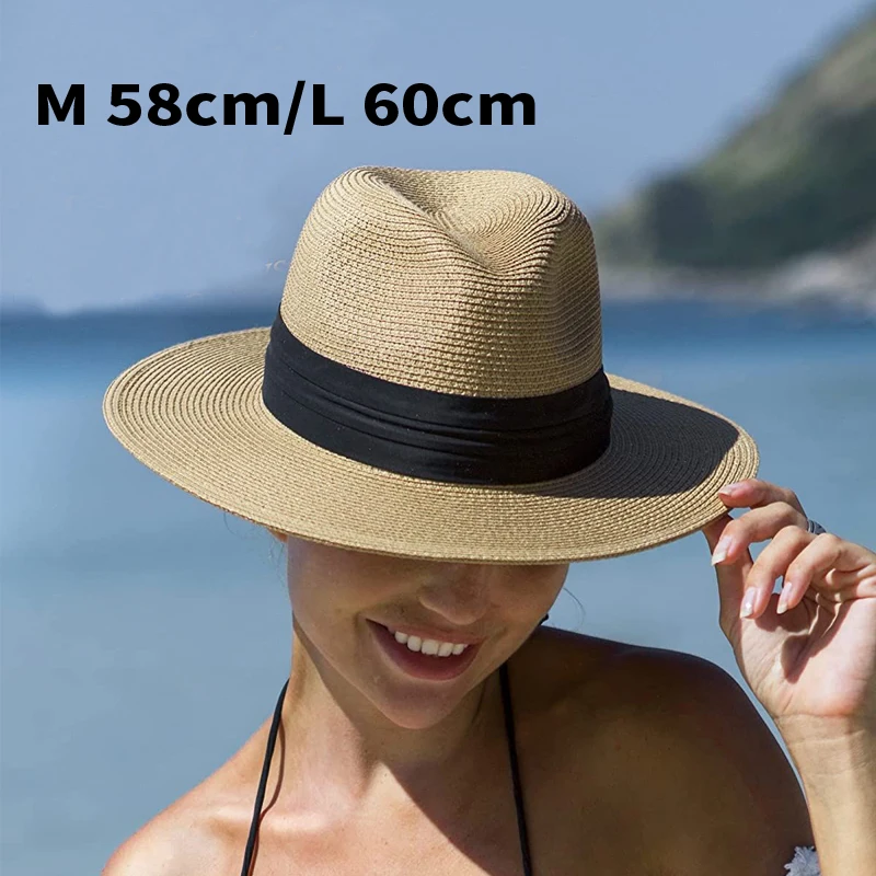 Large Size 56-58 59-60cm New Natural Panama Straw Hat Summer Men Women Wide Brim Beach UV Protection Fedora Sun Hat Wholesale