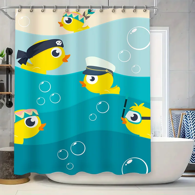 

Adorable Cartoon Duck Print Shower Curtain for Bathroom Decor Set Includes 12 Hooks in Blue Yellow Colors