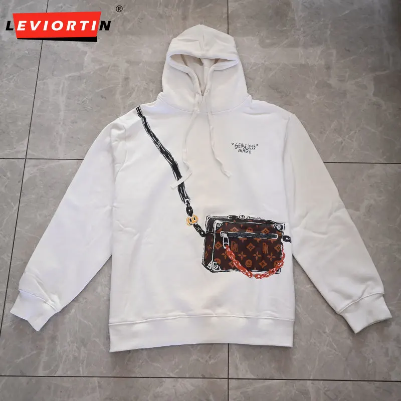 Autumn Men's Velvet Hoodie Sweatshirt Jacket Crossbody Bag Print Hip Hop Fleece Lined Sport Hooded Pullovers Unisex Streetwear