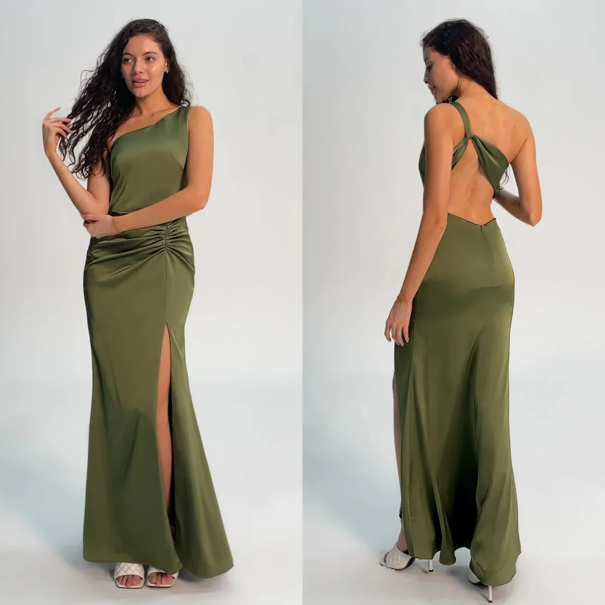 

One Shoulder Green Evening Dresses Simple Satin Sleeveless Women Prom Gowns Side Split Customized Party Wedding Guest Gowns