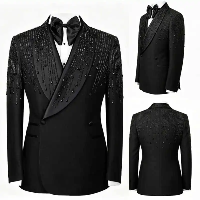 Luxury Wedding Tuxedos Beaded Shawl Lapel 2 Pcs Men Suit Handsome Jacket Pant Groom Evening Blazers For Prom Customized