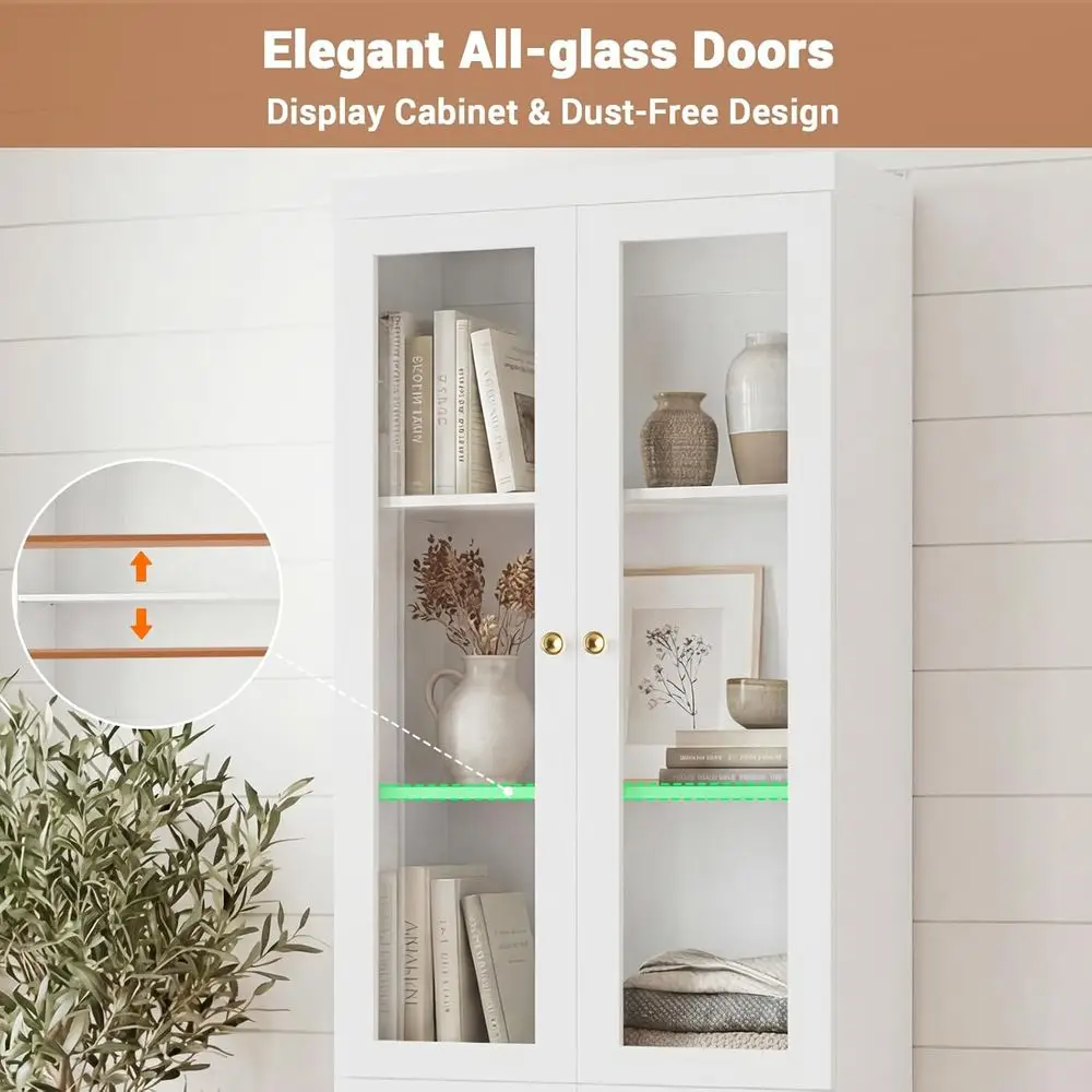 80 Inch Tall Bookshelf with Glass Doors and Thickened Top, Adjustable Shelves, Ideal for Living Room or Home Office, White, Set - view 4
