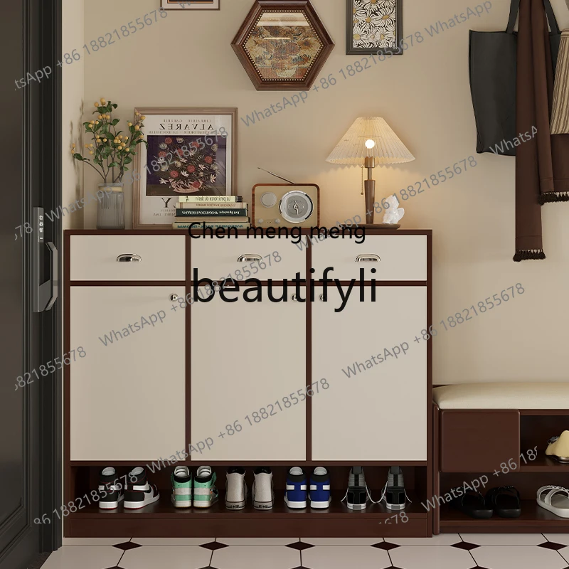 Armário de sapatos medieval, armário de armazenamento multicamadas de grande capacidade na porta do armário de varanda de madeira maciça de armazenamento doméstico