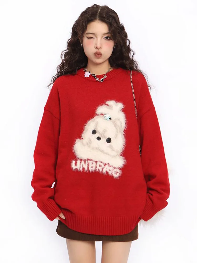 Cute Cartoon Christmas Red Sweater Women Sweet Lazy Wind Kawaii Knitted Jumper Fall Female O Neck Japan Preppy Style Pullover