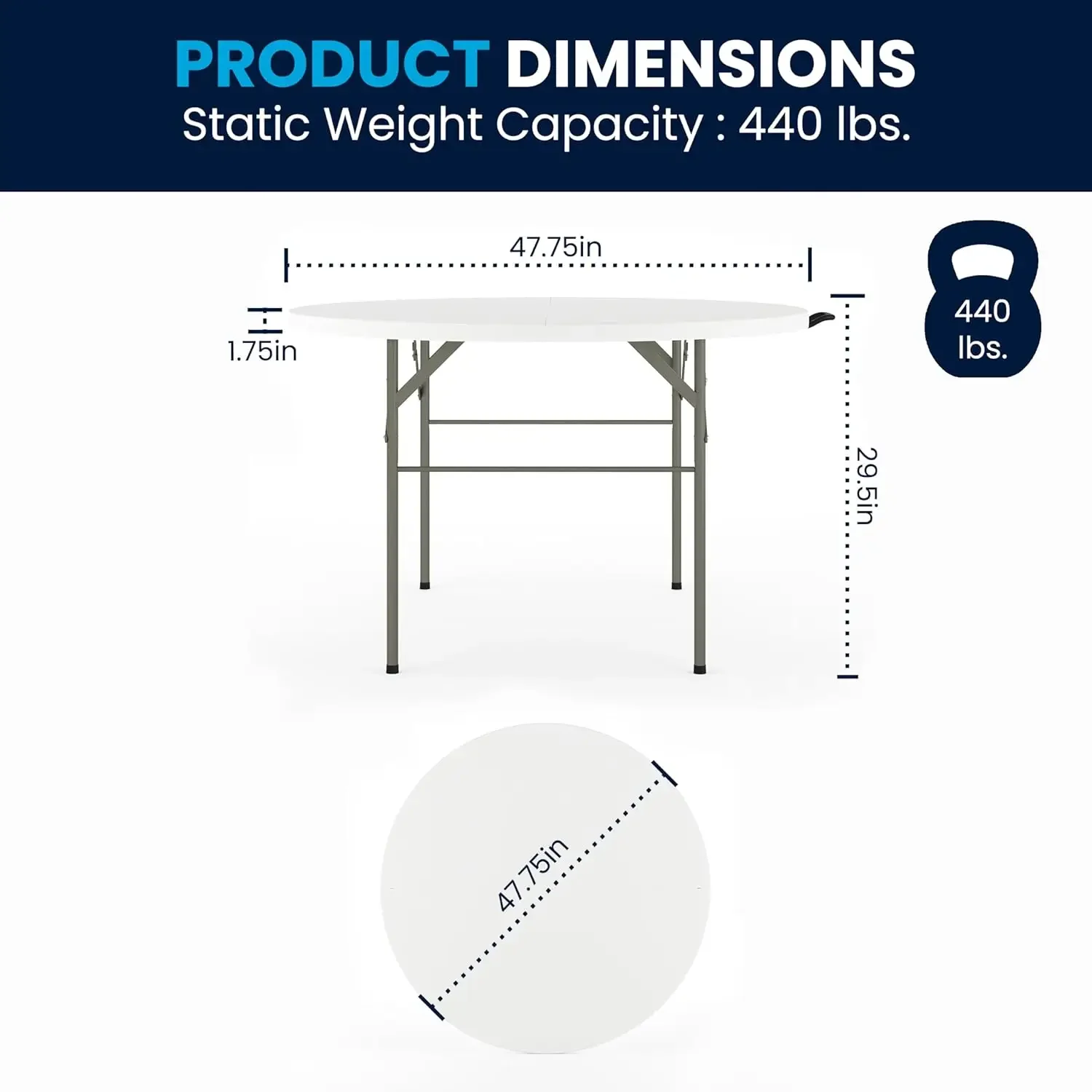 Round Folding Bi Fold Table Plastic Granite White Carrying Handle Banquet Event