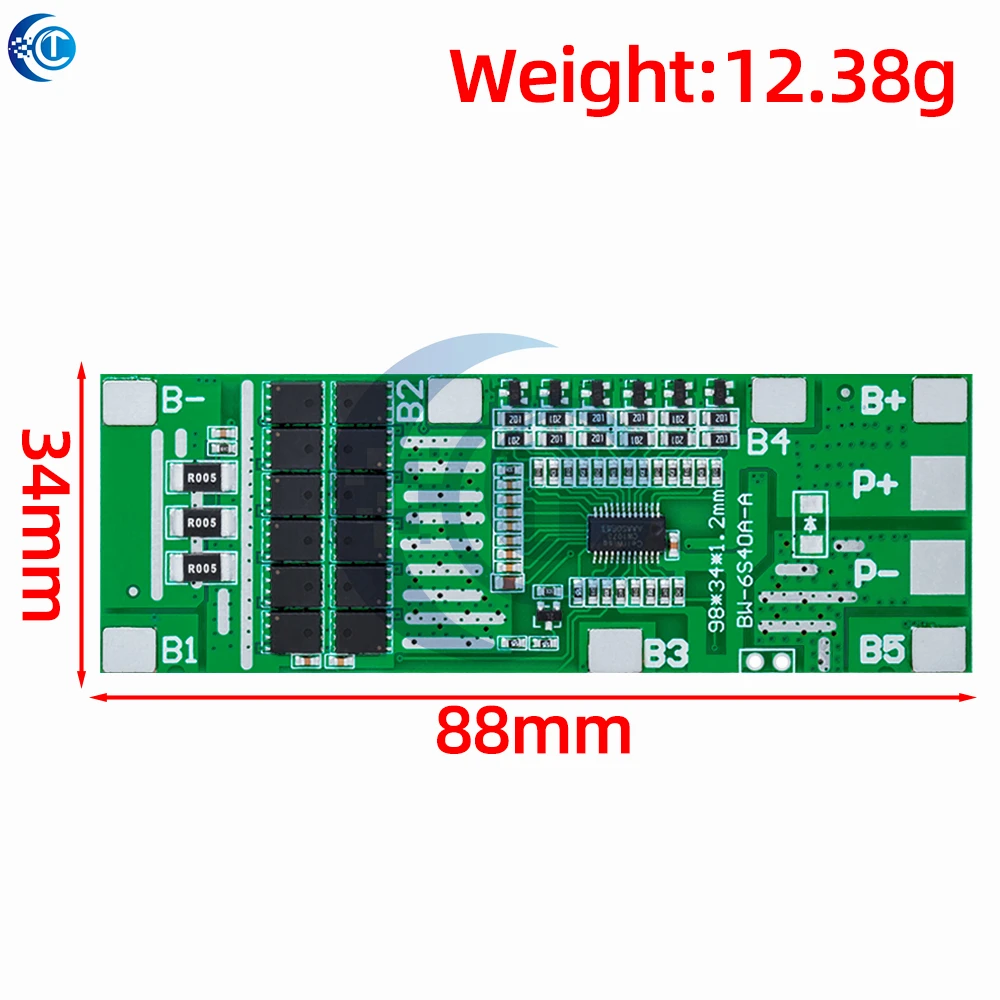 24V 6S 40A 18650 Li-Ion Lithium Battery Poretect Board Solar Lighting BMS PCB with Balance for Ebike Scooter