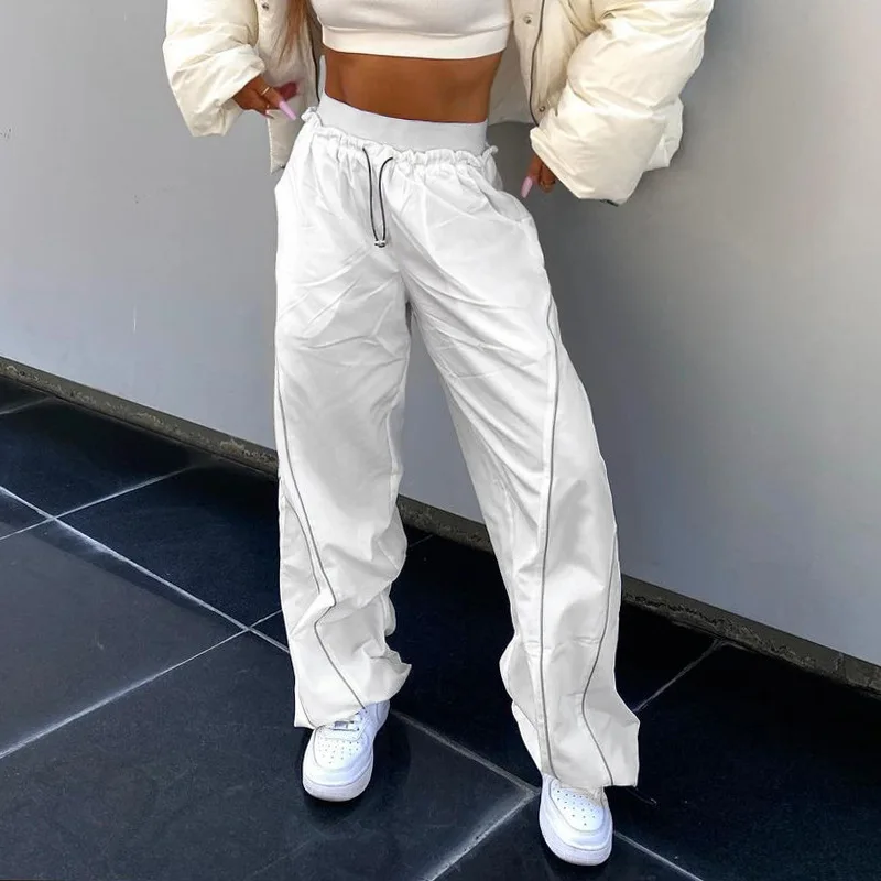 

2022 Women's Loose And Casual HigH Waisted Elastic Waistband With Solid Color Line Bound Feet Woven Pants