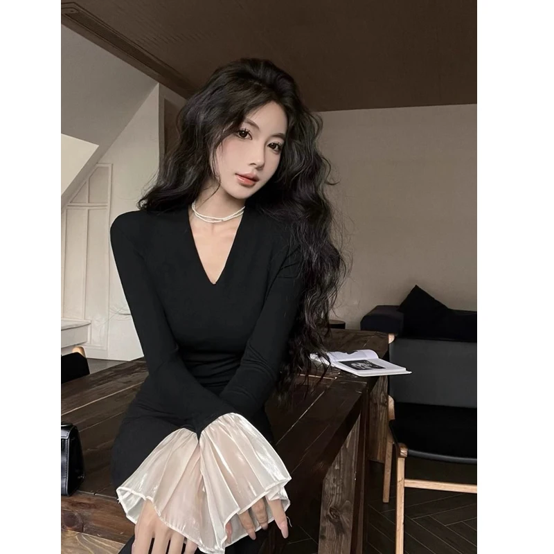 Temperament Slim Solid Color T Shirts Spring Autumn New Long Sleeve V Neck Simplicity Elegant Tops Fashion Korean Women Clothing