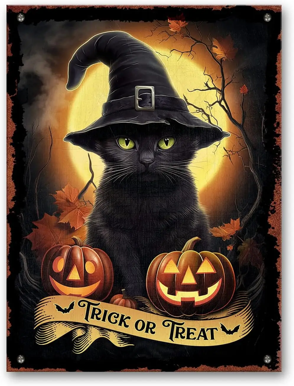 Black Cat No Soliciting Gothic Halloween Printed Metal Sign, 12x16 Inches, Outdoor Halloween Decor, Black Cat Yard Decor, Black
