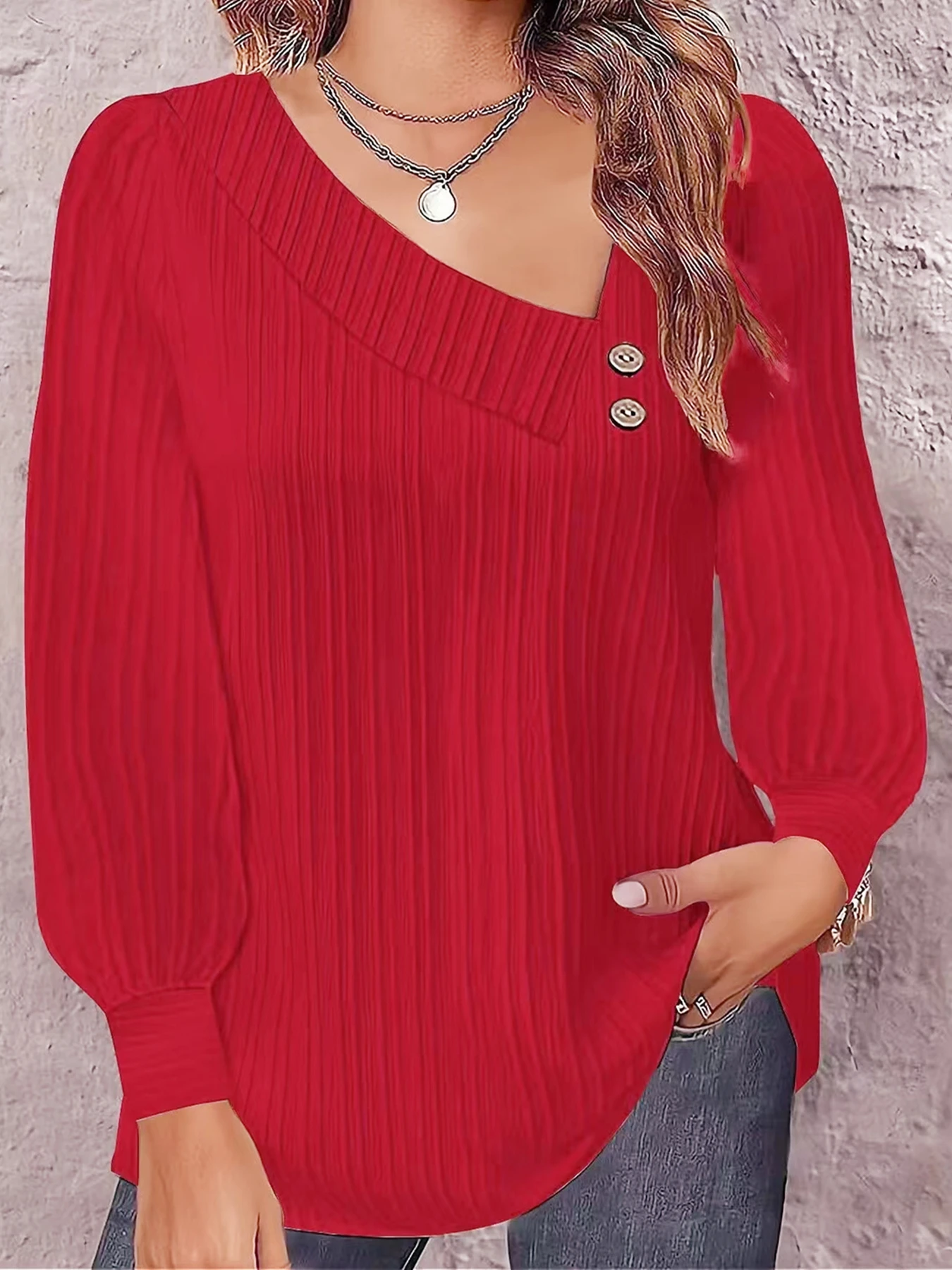 

Women's Asymmetric V-Neck Ribbed Long Sleeve Blouse with Decorative Buttons, Casual Loose Fit Textured Top for Fall & Winter Dai