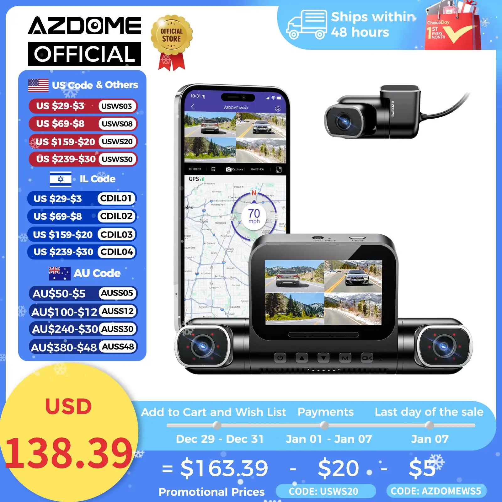 AZDOME Dash Cam M660 2K+3*1080P 4CH Car DVR GPS 5G Wifi Built-in 128GB eMMC Voice Control 24H Parking Monitor Super Night Vision