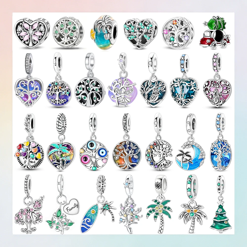 Glitter 925 Sterling Silver Family Tree Openwork Charm Green Palm Tree Pendant Fits Bracelet & Necklace Jewelry Special Gift