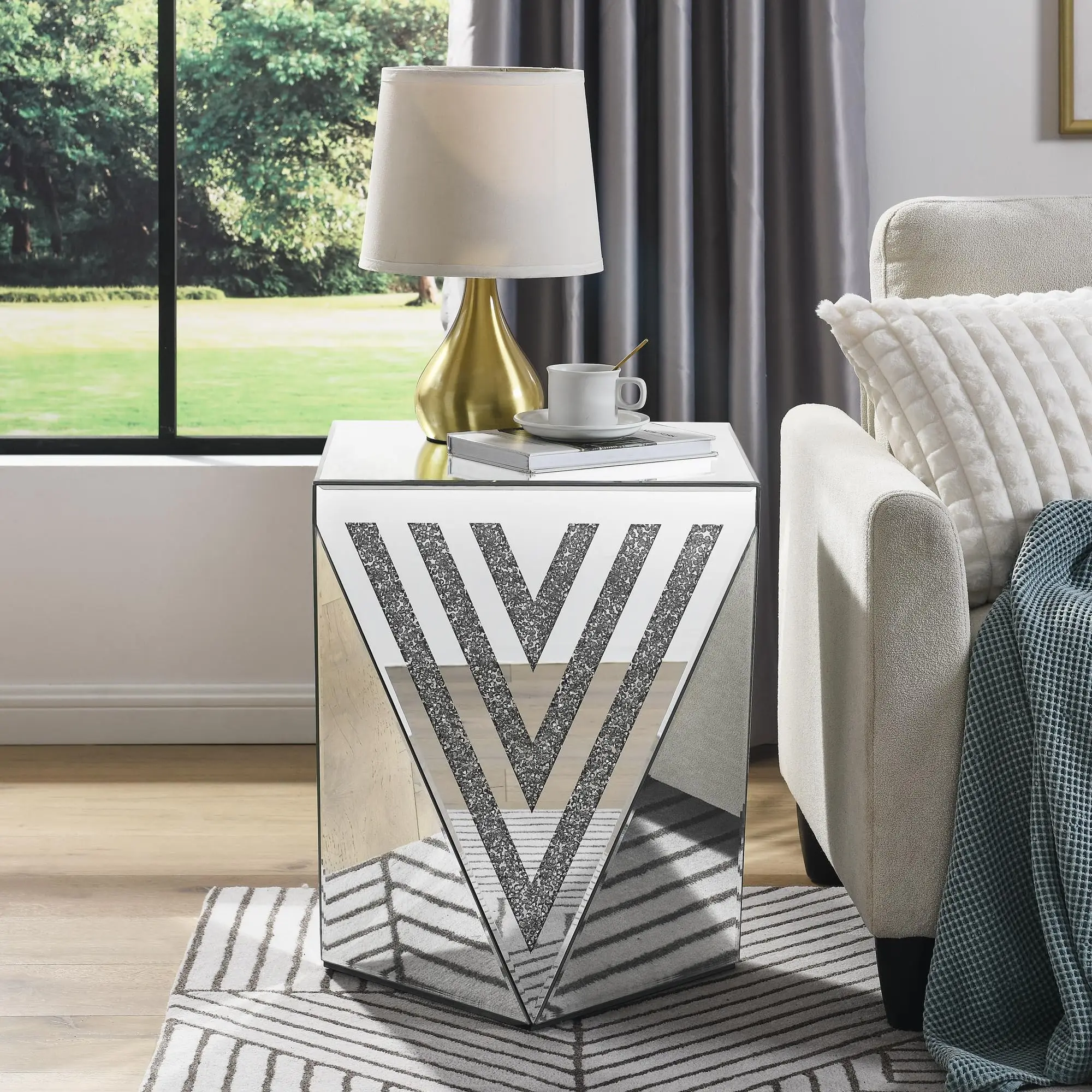 Tavolino a specchio in argento, tavolino in accento con intarsio in cristallo, tavolino da caffè a specchio piccolo per soggiorno, divano, letto