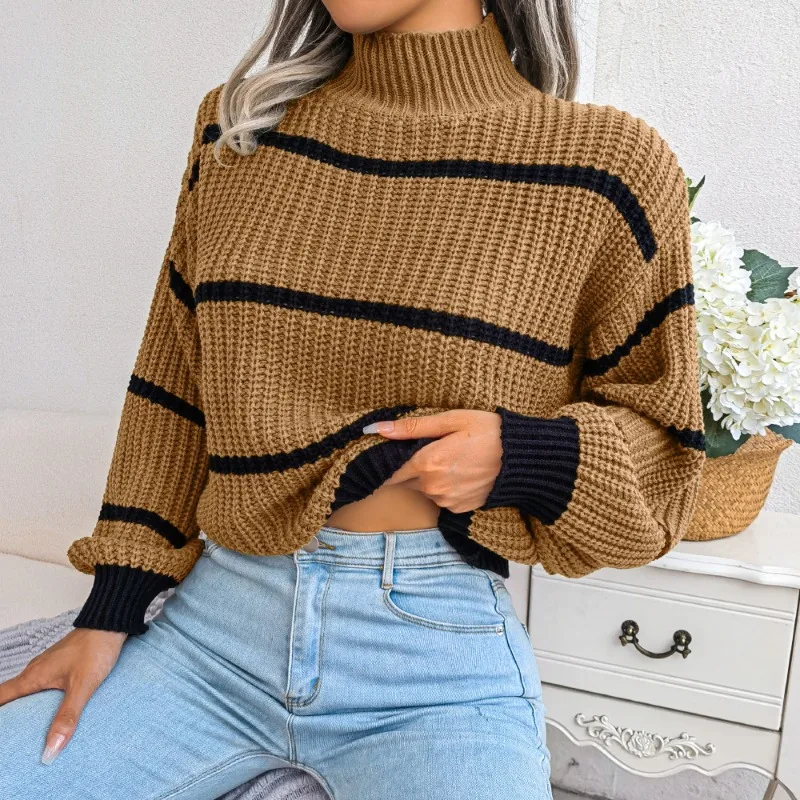 

YEMOGGY Fashion Striped Knit Sweater Pullover Winter Women Sweaters 2023 New Mock Neck Full Lantern Sleeve Thick Warm Pullovers