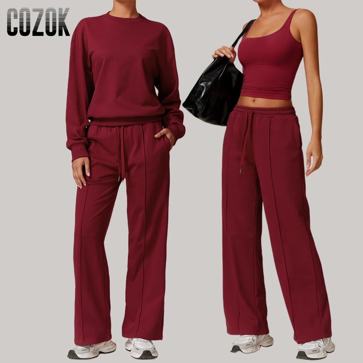 1/2/3/4Pcs Casual Sports Sweat suit Set Womens Workout Set Gym Clothes Yoga Vest Slim Long Sleeve Crop Top Wide-Leg Sweatpants