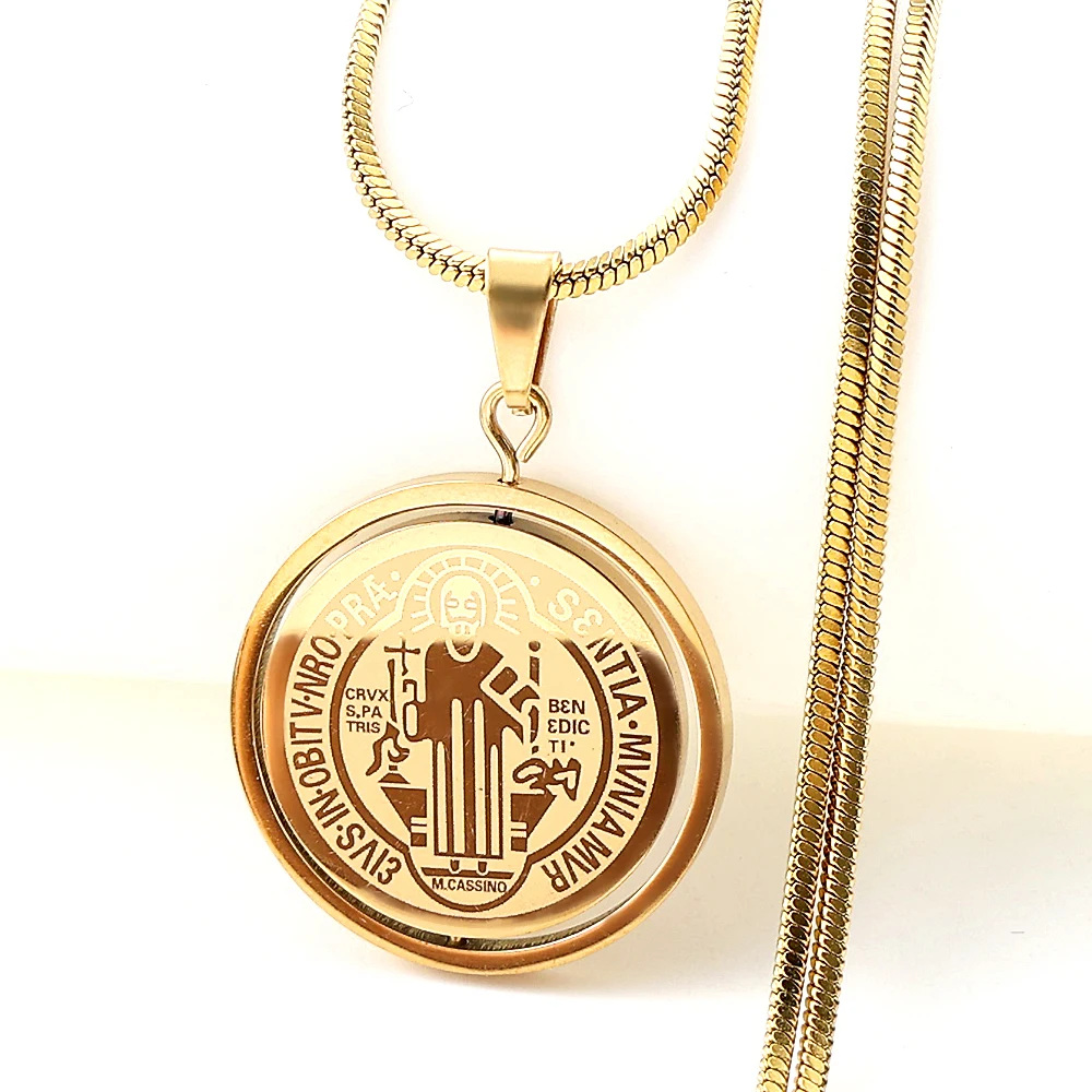 Rotatable Catholic Saint Benedict Medal Necklace for Women Men Stainless Steel Gold Color Chain Necklaces Jewelry San Benito