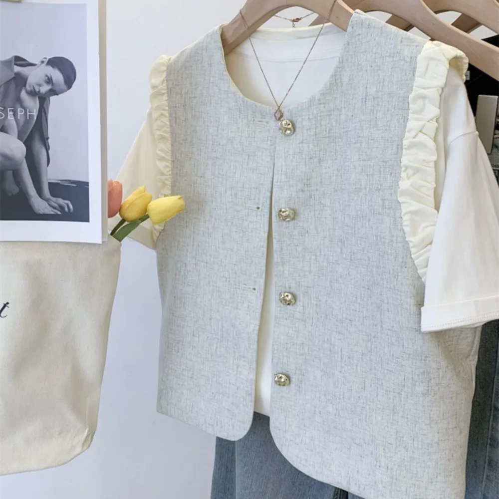 

Жилет без рукавов с цветочным принтом, пальто, новые простые повседневные элегантные однотонные верхняя одежда меньшинств, универсальные короткие свободные куртки Moda