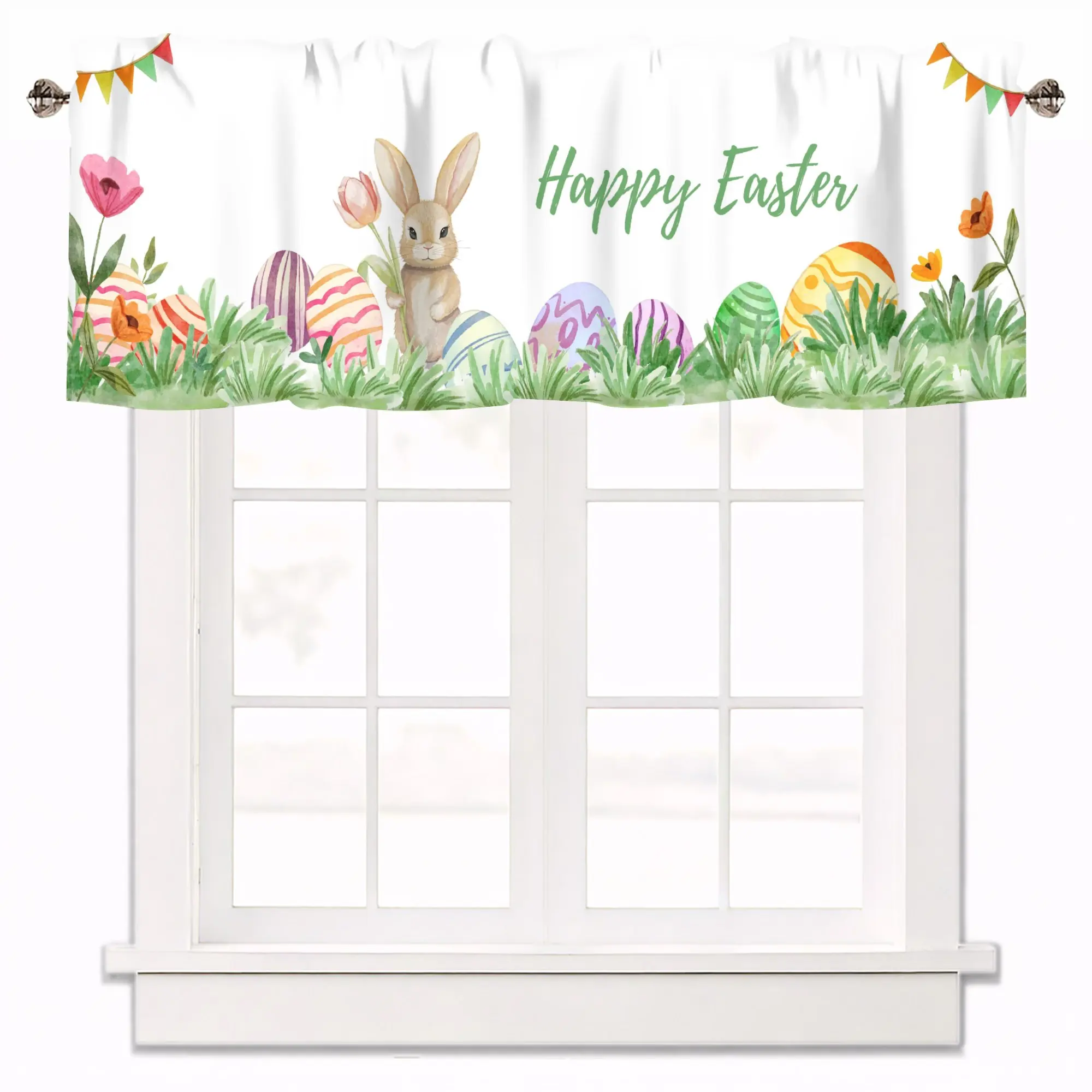 

Spring Easter Bunny Gnome Kitchen Window Curtains Valance, Tulip Daffodil Flower Short Half Topper Rod Pocket, Bedroom Decor