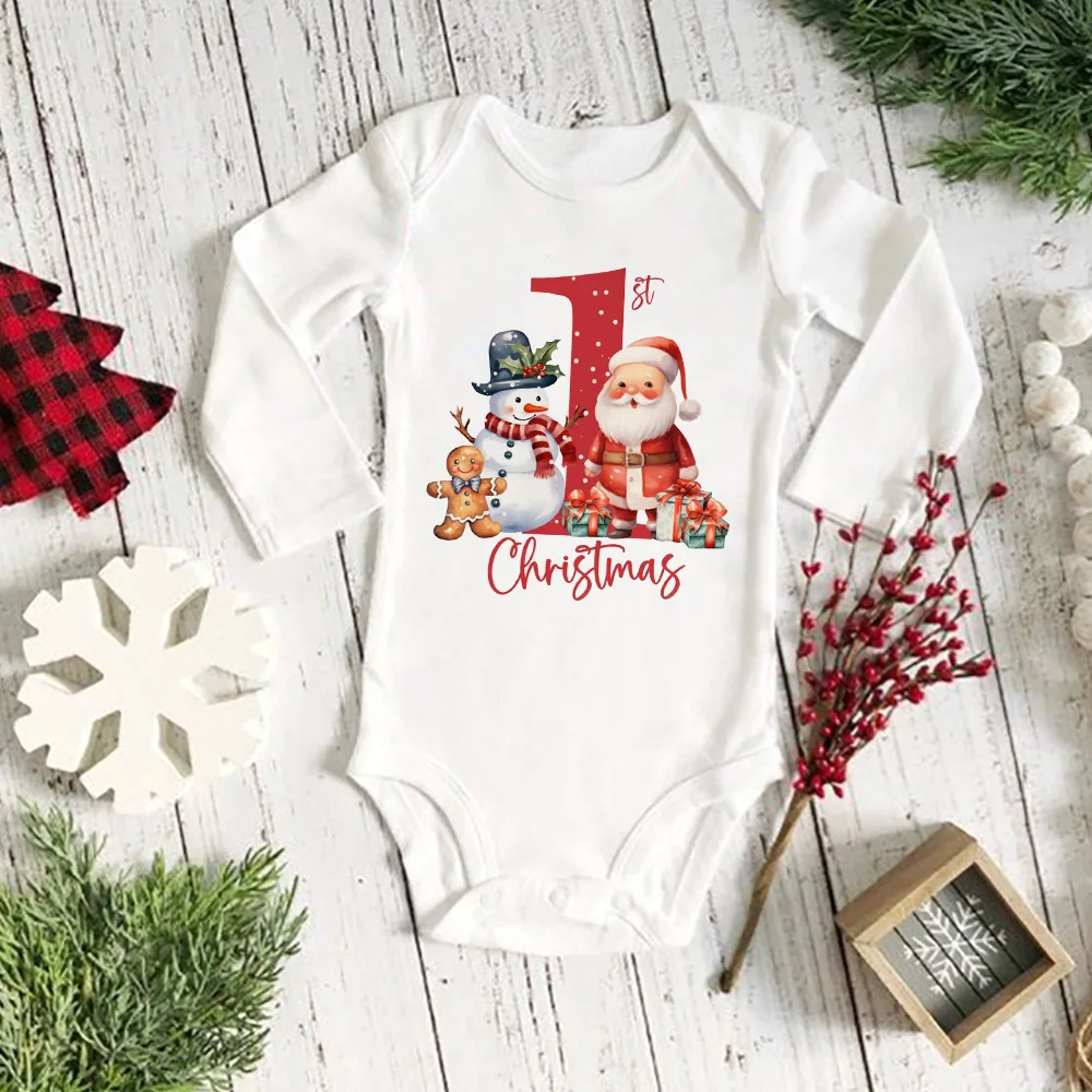 My 1st Christmas Santa Snowman Print Baby Romper Newborn Long Sleeve Romper Xmas Toddler Jumpsuit Christmas Party Infant Outfit