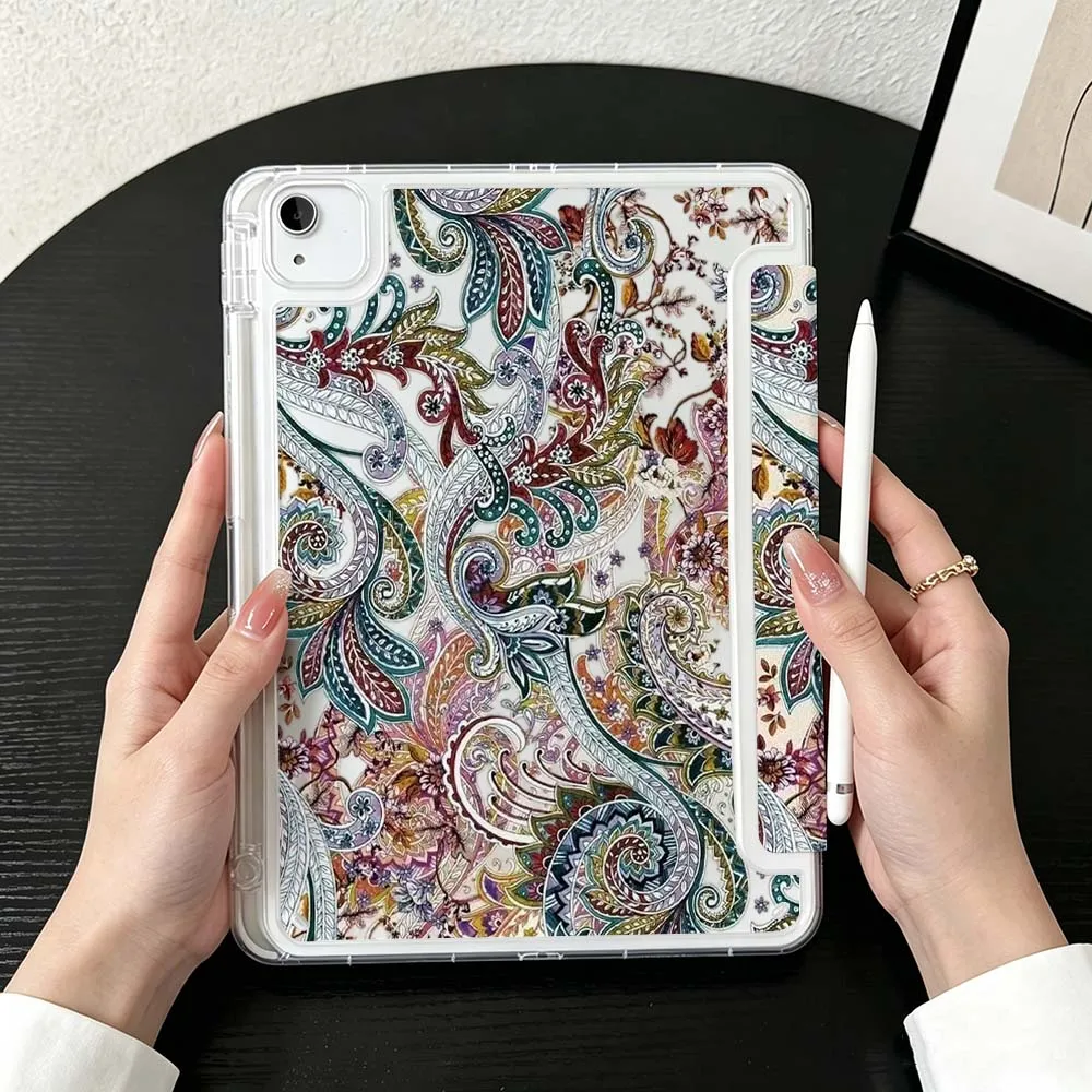 Paisley Floral Pattern For iPad Mini Pro Air 5 6 7 8 9 10th 11th 11 9.7 10.9 13 inch Transparent Y-Shaped Folding Tablet Case