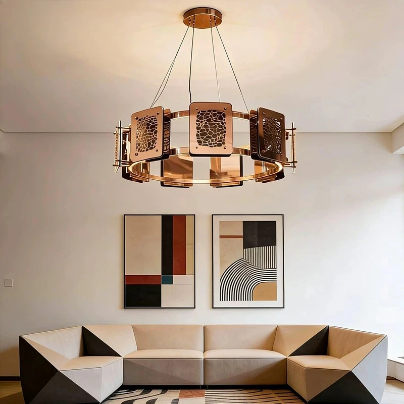 Luxury Rose Gold Circular Chandelier Crackle Pattern LED Pendant Light Modern Art Deco Hanging Lamp for Living Room  Lobby
