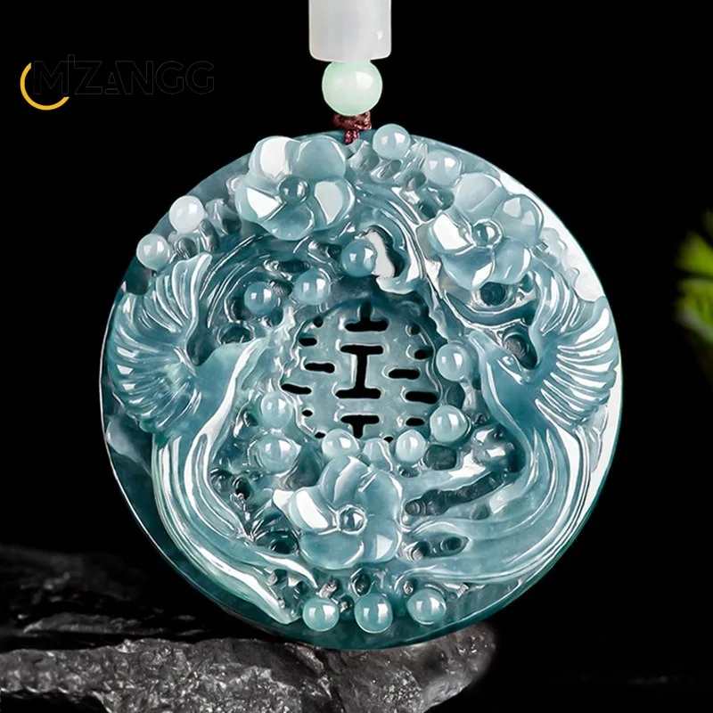 

Natural Jadeite Blue Water Double Joy Linmen Magpie Pendant Ice Fine Carved Men's and Women's Jade Necklace Luxury Jewelry Gifts