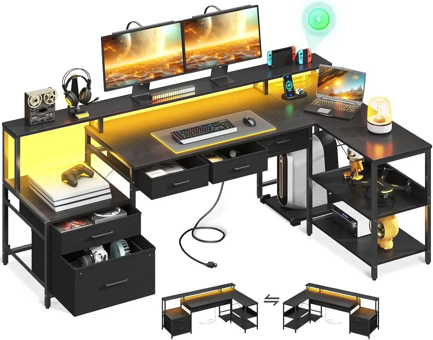 

AODK L Shaped Desk with 5 File Drawers, 66" Reversible L Shaped Computer Desk with Power Outlet & LED Strip, Office Desk