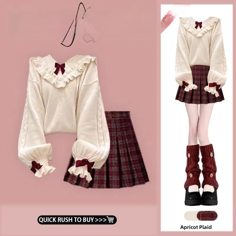 

Очаровательный вязаный свитер с V-образным вырезом и узлом, женский, осенне-зимний, новый, в стиле ретро, в клетку, комплект с юбкой, с длинными рукавами, круглый вырез горловины