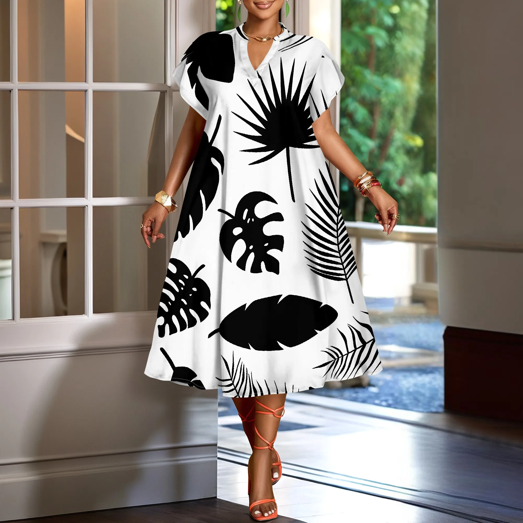 

New Summer Arrival Plus Size Women's V-Neck Loose Swing Dress Tropical Leaf Print Boho A-line Midi Dress for Beach Vacation