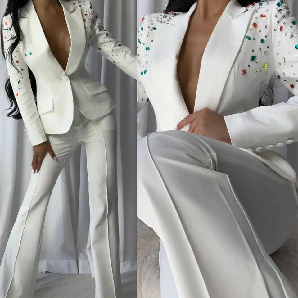 Fashionable Women Pants Suits 2 Pcs Colorful Jewel Beads Blazer Customized Wedding Guest Evening Party Show Outfit