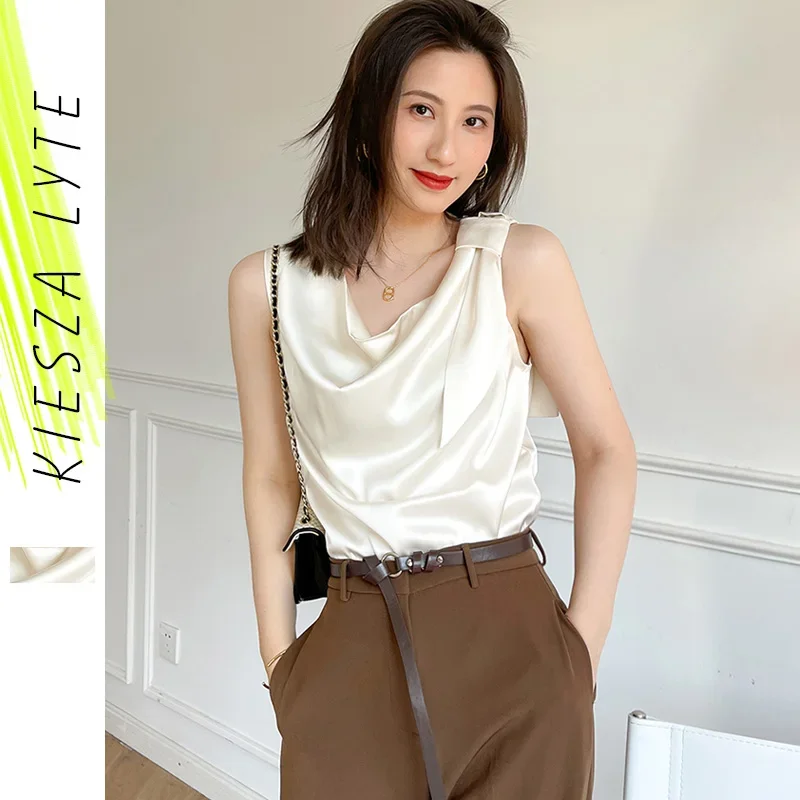 

Women's Elegant Sleeveless Blouse Camisole Office Lady Silk Tank Tops Vintage Summer Ladies Clothing New 2024 Chic