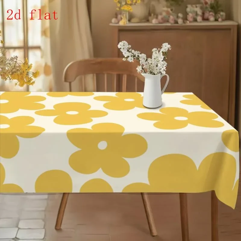 1 pc rectangular tablecloth, with a white base and a large yellow floral pattern, yzb