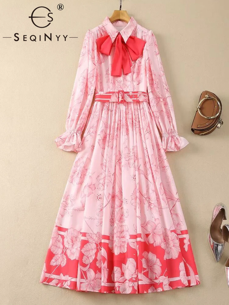 SEQINYY Pink Midi Dress Summer Spring New Fashion Design Women Runway High Street Bow Vintage Flower Print Belt Casual A-Line