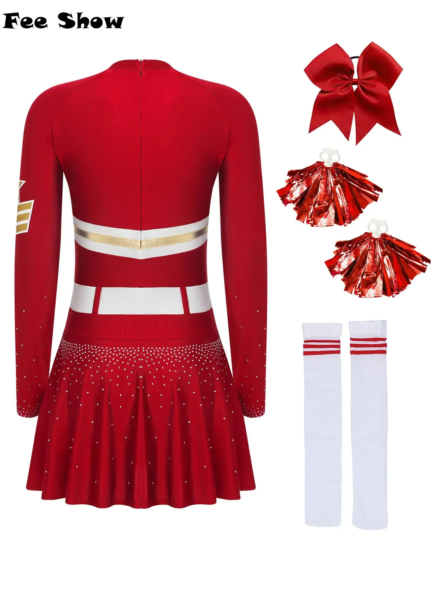 

Women Glittery Rhinestone Cheerleading Dress with Hand Flowers Bowknot Hair Ties and Long Tube Socks for Halloween Party