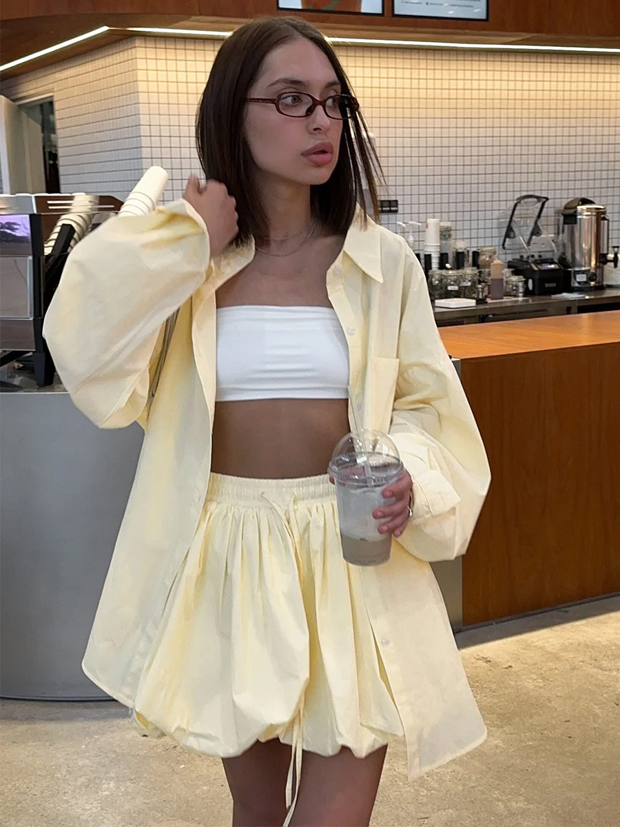 

Bornladies 2026 Spring Summer New Yellow Loose Shirt and Short Skirt Casual Set with Lace-up Flower Bud Skirt